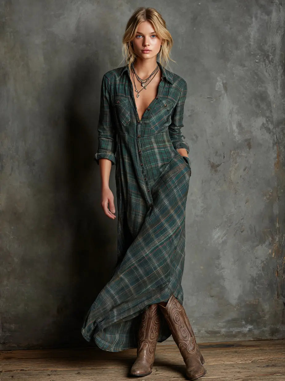 VESTIDO MAXI CAMISERO CUADROS SOLAPAS