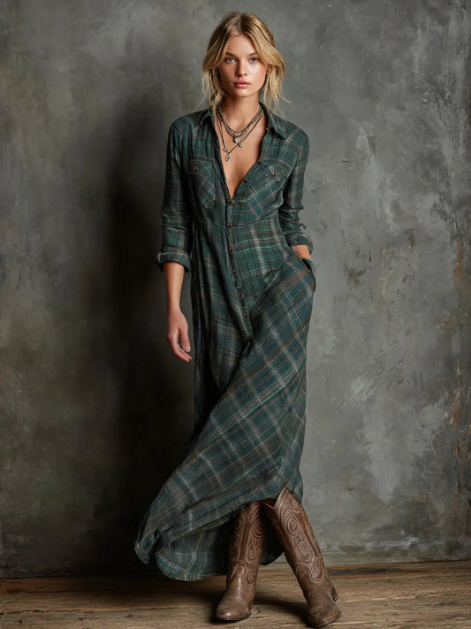 VESTIDO MAXI CAMISERO CUADROS SOLAPAS