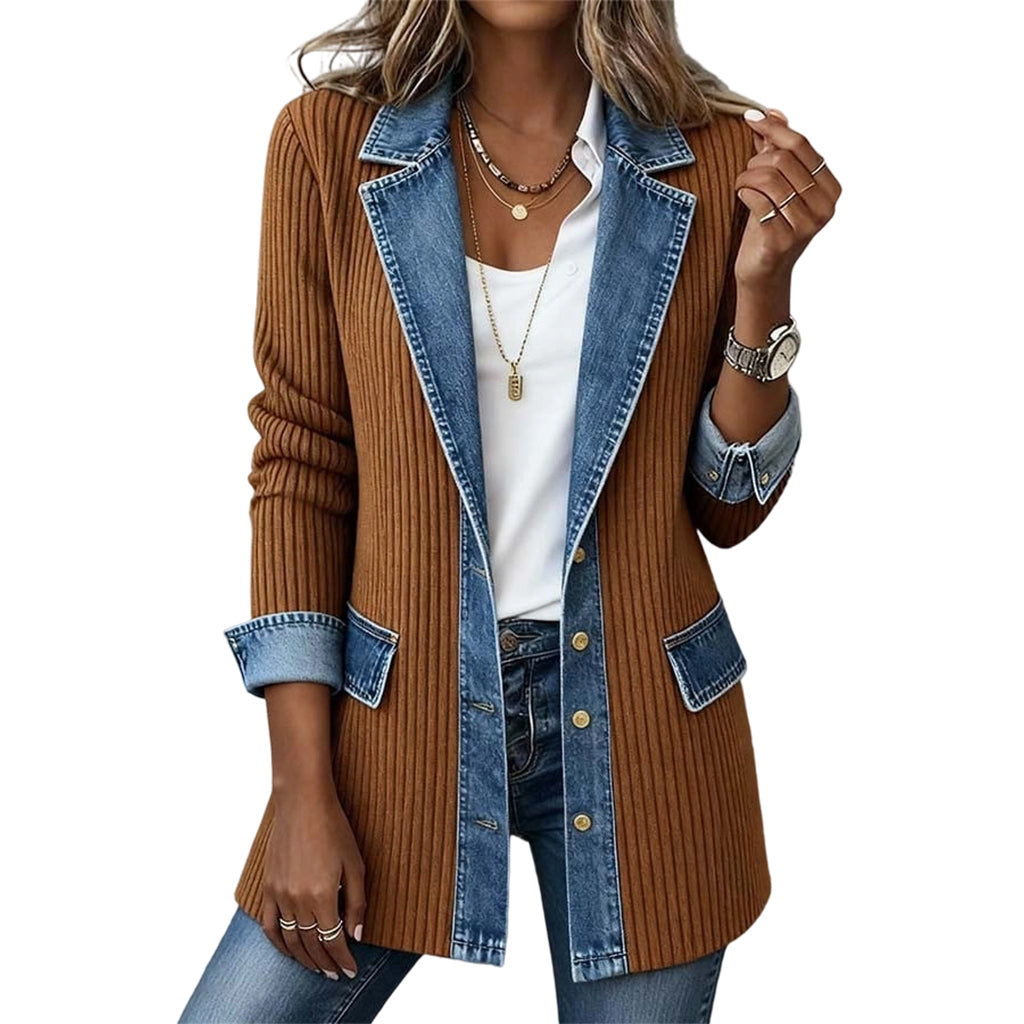 ⭐ Elegante abrigo de mujer de denim con inserto de punto acanalado