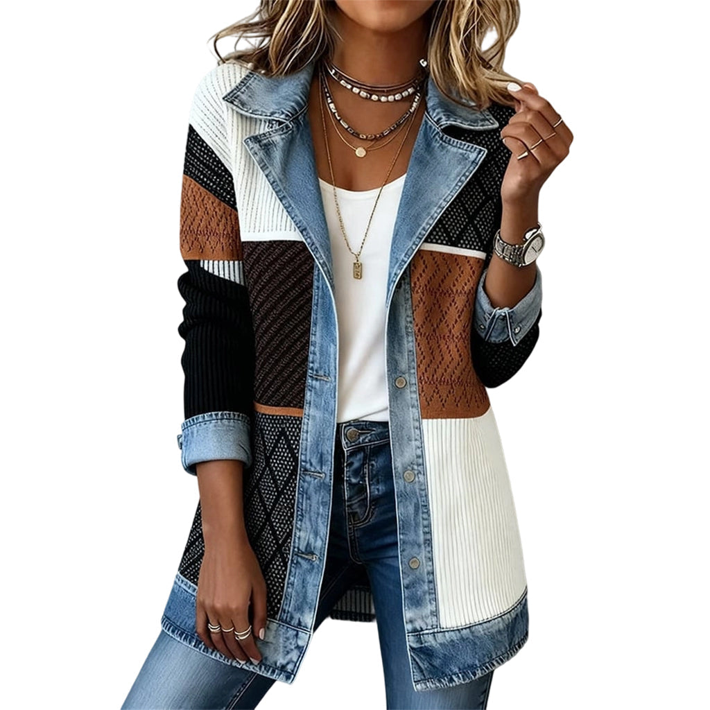 ⭐ Elegante abrigo de mujer de denim con inserto de punto acanalado