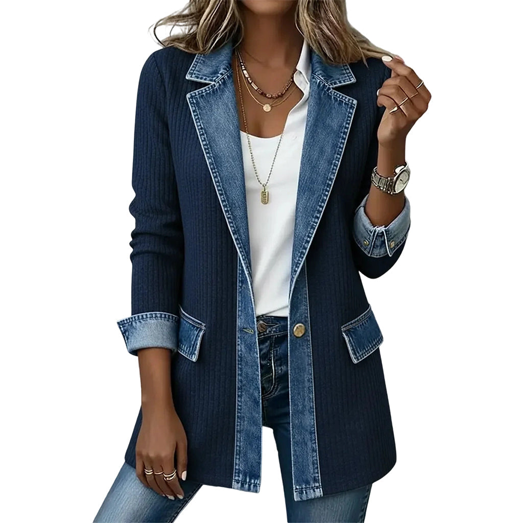 ⭐ Elegante abrigo de mujer de denim con inserto de punto acanalado