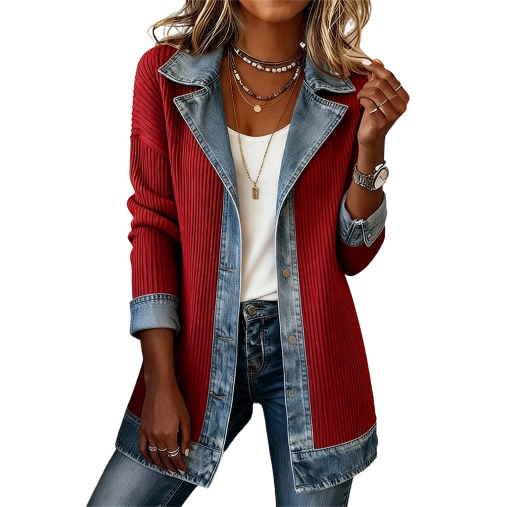 ⭐ Elegante abrigo de mujer de denim con inserto de punto acanalado