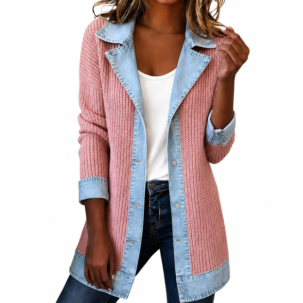 ⭐ Elegante abrigo de mujer de denim con inserto de punto acanalado